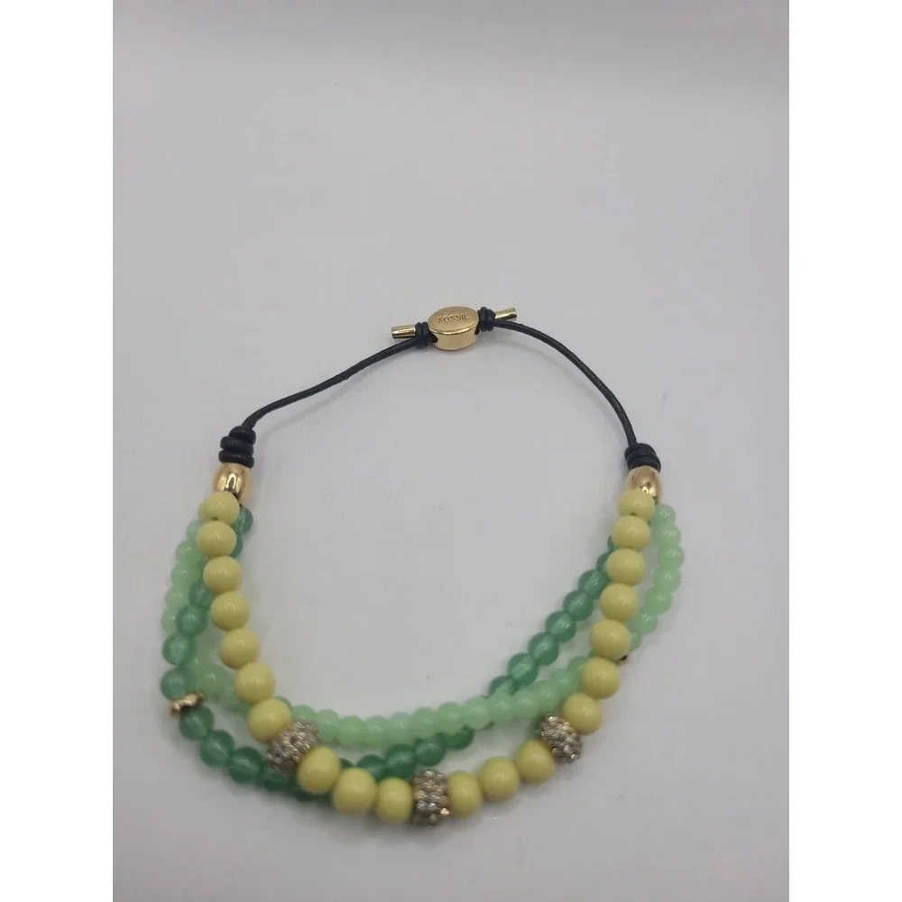 Fossil Green Yellow Multi Strand Beaded Bracelet Gold Tone Crystal Accent Slide